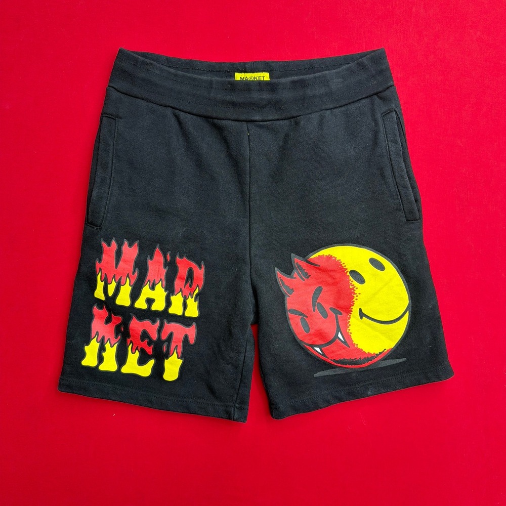 Market x Smiley‎ Devil Face Flame Graphic Sweat Shorts Mens Black Large